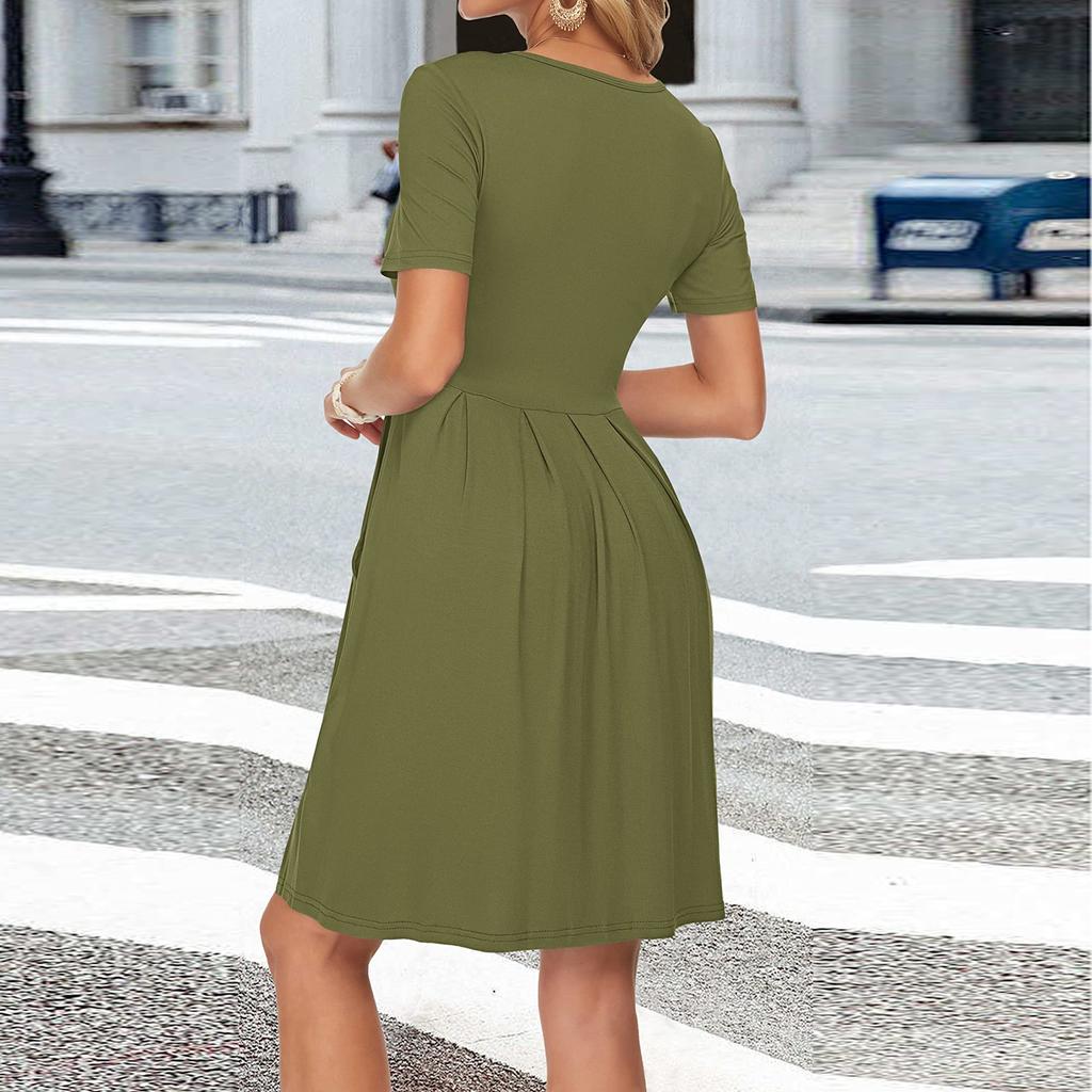 Women's Short Sleeve Dress Pleated Loose Swing Casual Dress With Pockets Knee Length Dresses
