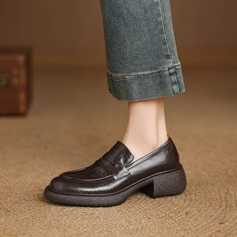 Krazing Pot Sheepskin Autumn Winter Shoes Slip on Chunky Heels Oxford Shoes Size 43 Round Toe Deep Mouth Waterproof Pumps