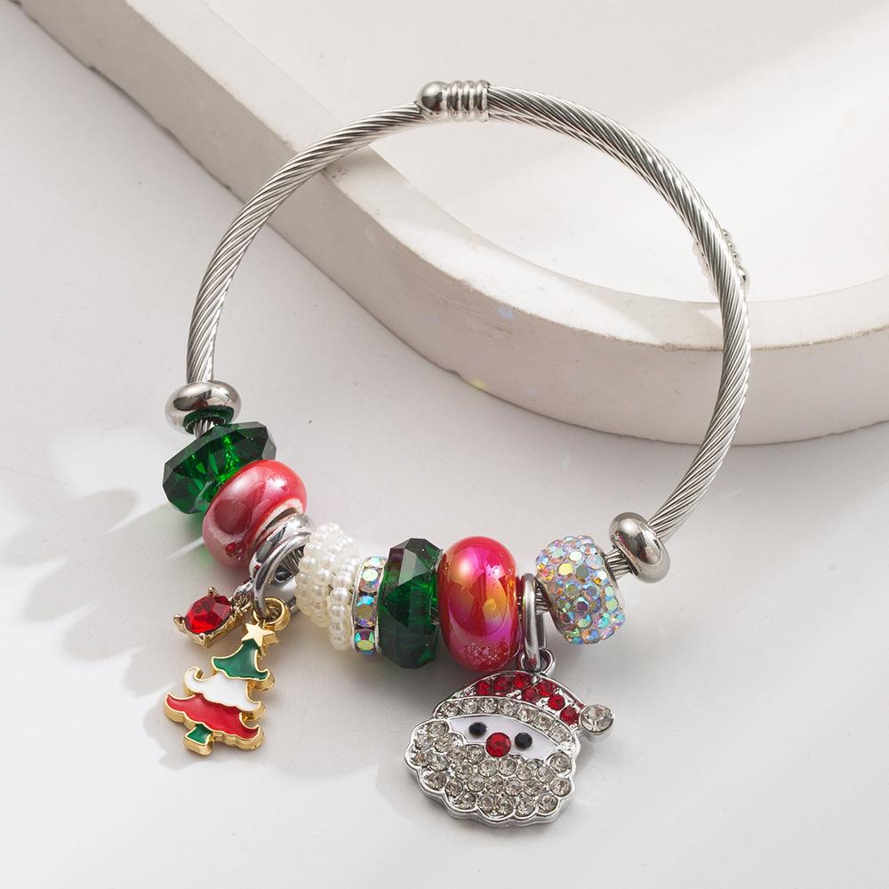 New Christmas Elements Holiday Bangle: Stainless Steel Bracelet with Santa Claus, Christmas Tree, Candy Cane, and Boots Accessories