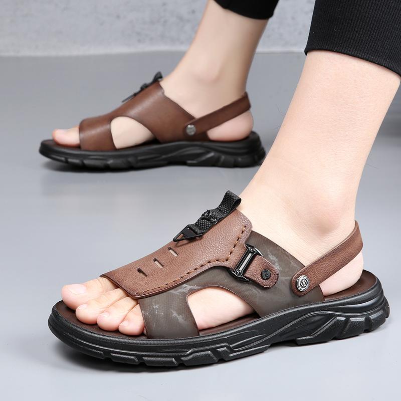 Summer Men's High-quality Top Layer Cowhide Casual Beach Sandals Classic Men's Breathable and Anti Slip Latex Padded Beach Shoes