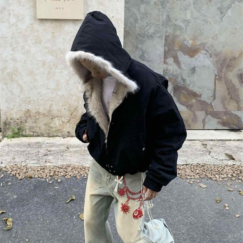 American Retro Woolen Collar Hooded Cotton Jacket Winter Thick Plush Top Men Street Hip-Hop Gothic Harajuku Oversize Jacket Coat