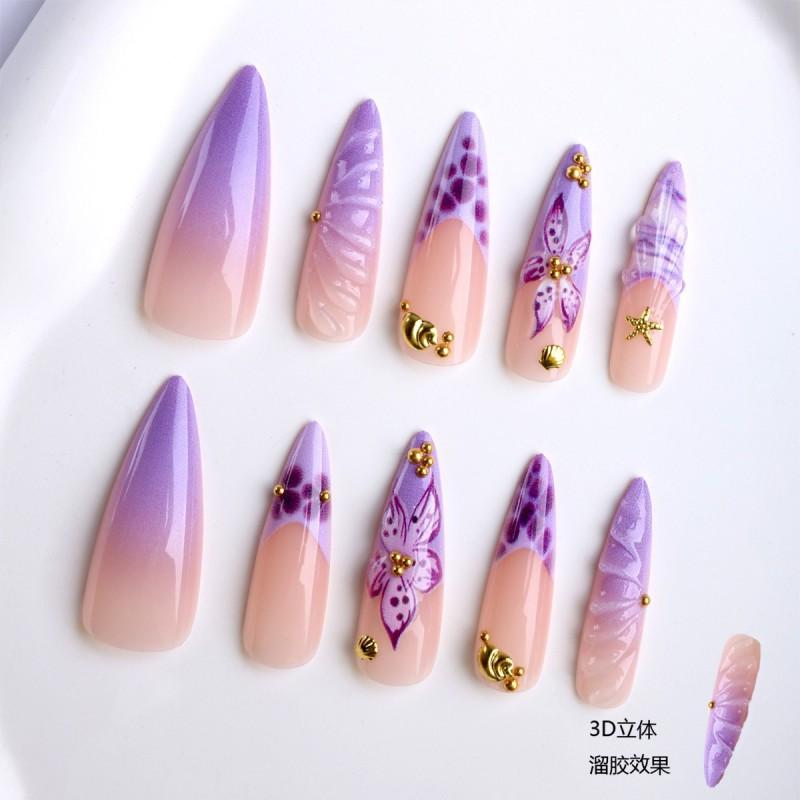 Long 3D Gel Nail Tips With Hand-Painted Purple Floral French Design Women