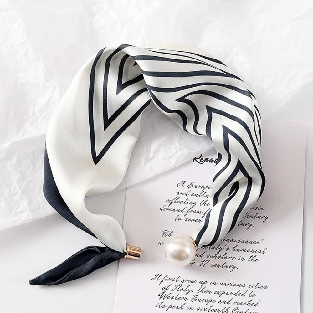 New Pearl Buckle Silk Scarf Printed Soft Neck Scarf Thin Lightweight Neckerchief Women