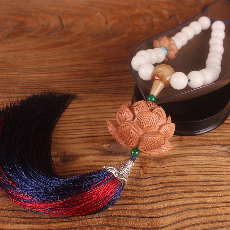 Natural White Jade & Peach Wood Lotus Pendant for Rearview Mirror