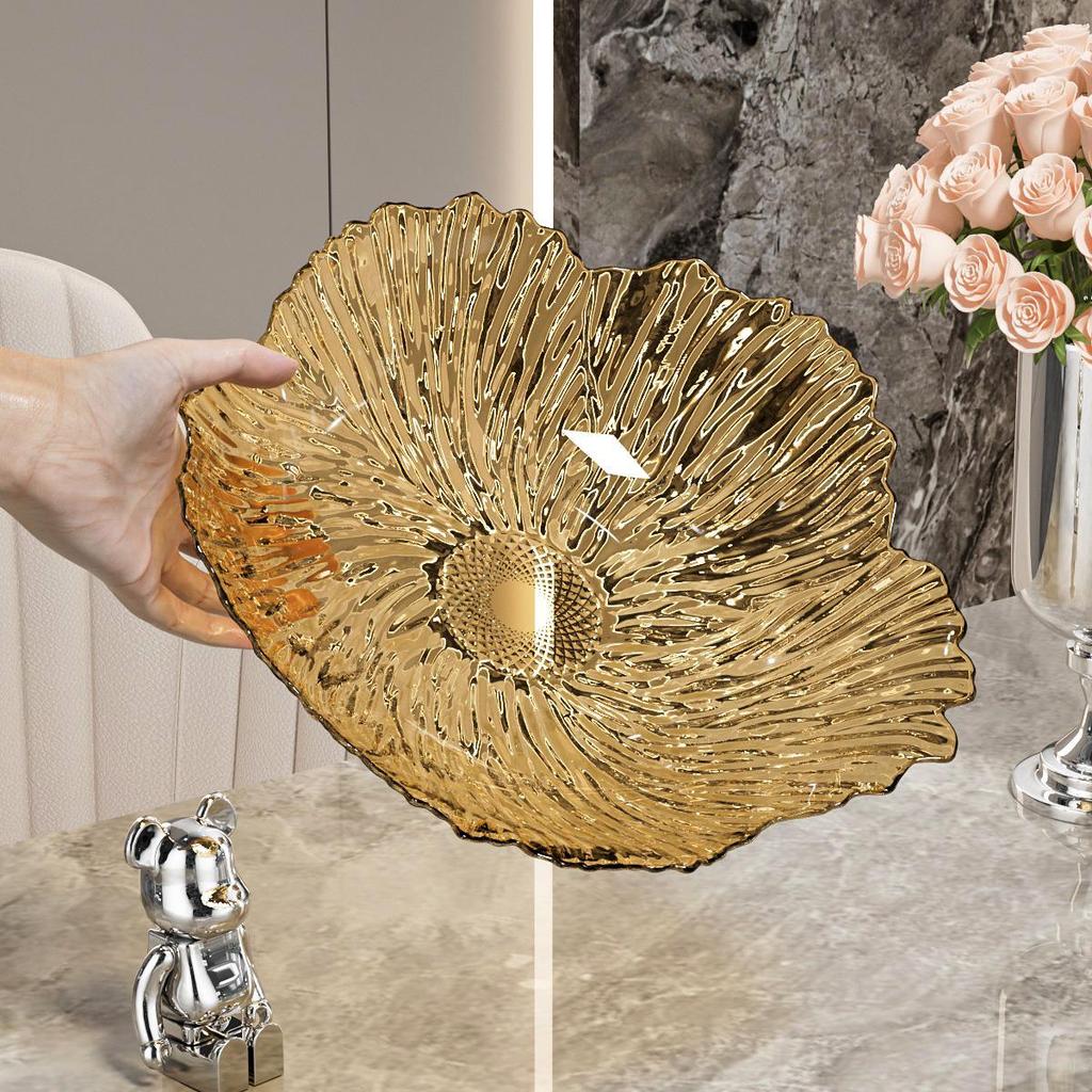 Transparente Obst- und Snack-Präsentationsplatte mit hohem Fuß: Modernes Licht-Luxus-Design für Wohnzimmer-Couchtische.