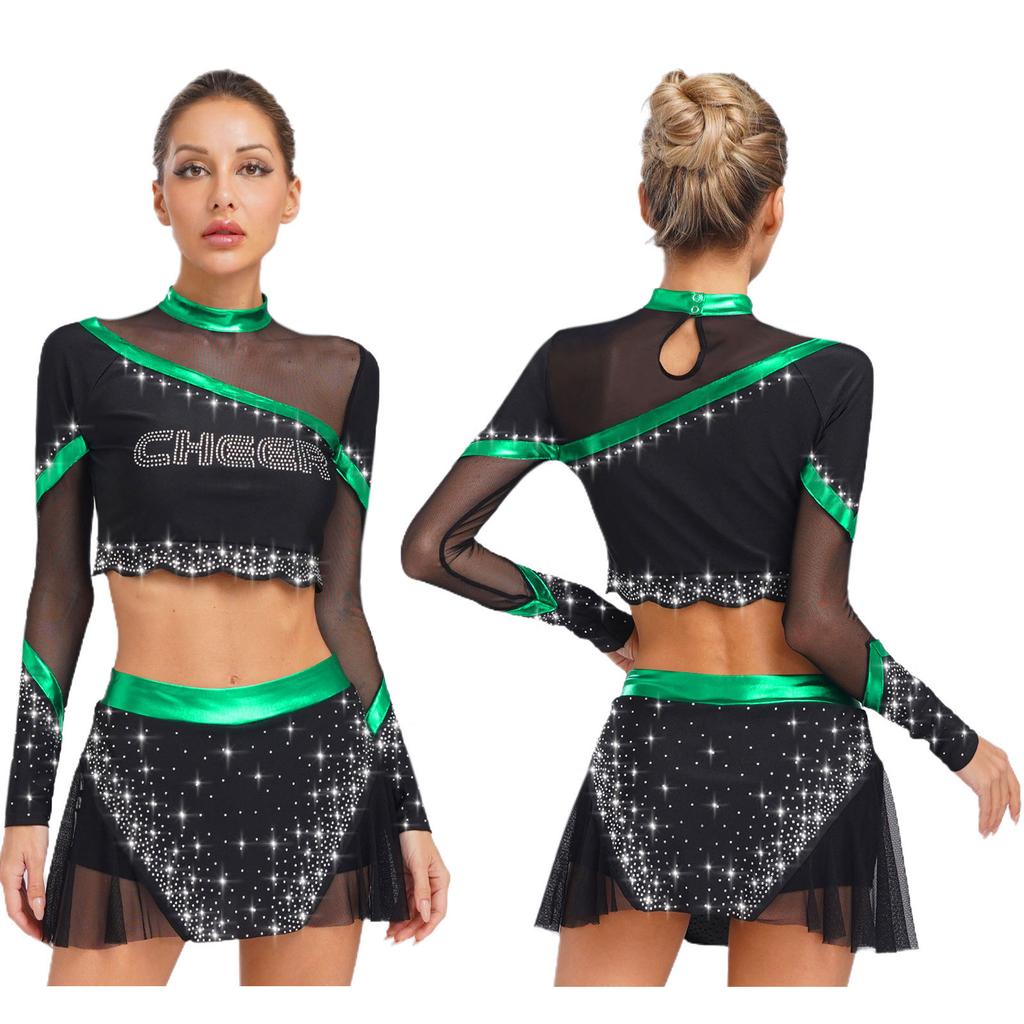 Women Cheerleading Dancewear Set Rhinestone Crop Top Long Sleeve Design Matching Skirt Performance Outfit