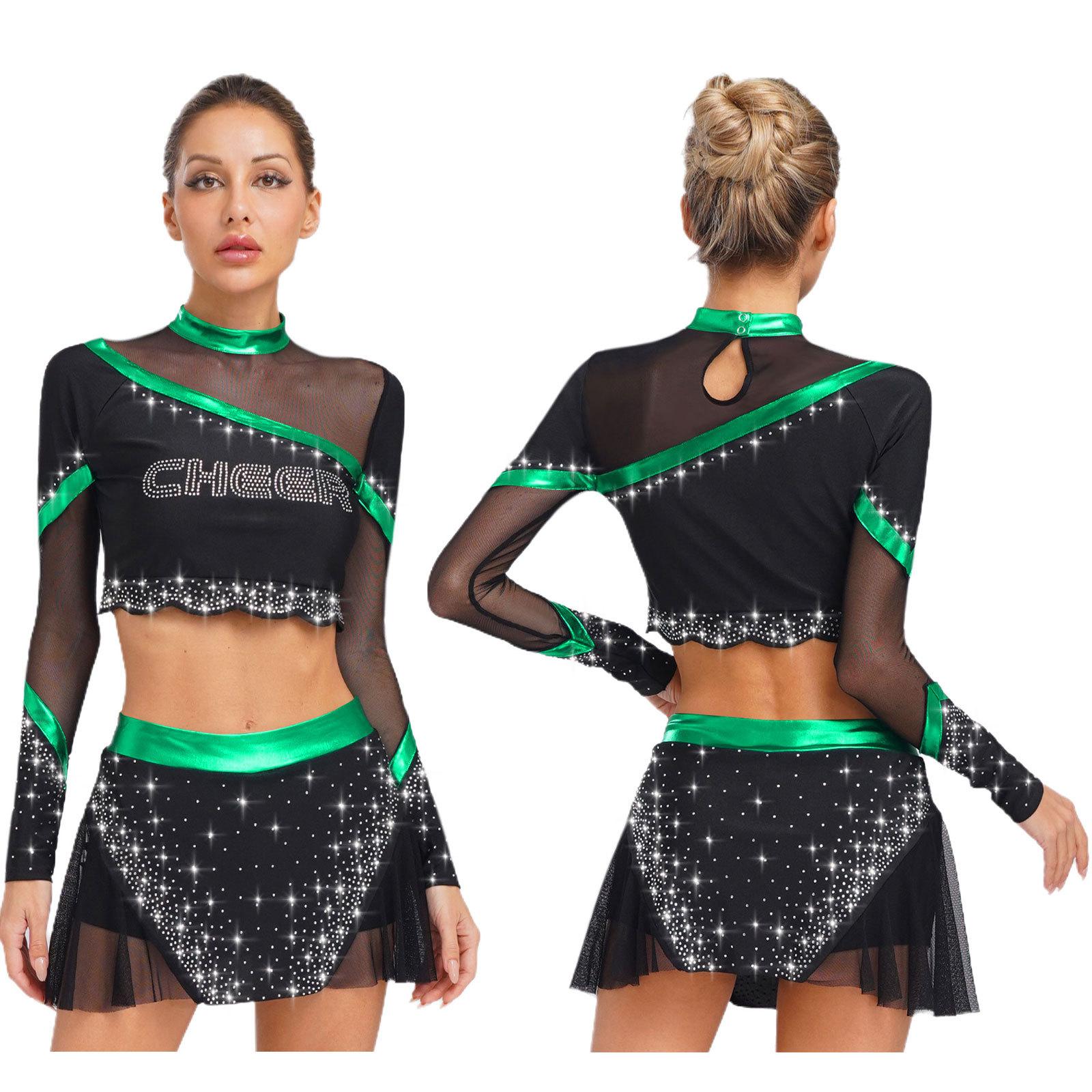 

Женский костюм чирлидера S-XXL: Укороченный топ с длинным рукавом и matching юбка для танцев со стразами для выступления в день игры S зелёный