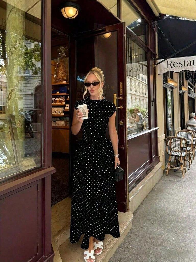 Women's Crew Neck Polka Dot Printed Maxi Dress Vintage Waist Defined
