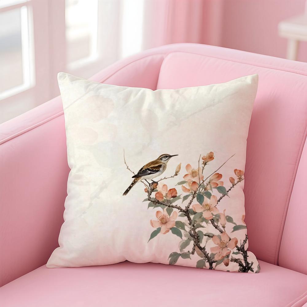 

Chinese Style Simple Bird Flowers Cushion Cover Linen Pillowcase Cover Soft Decor for Sofa Home Room 30X30cm