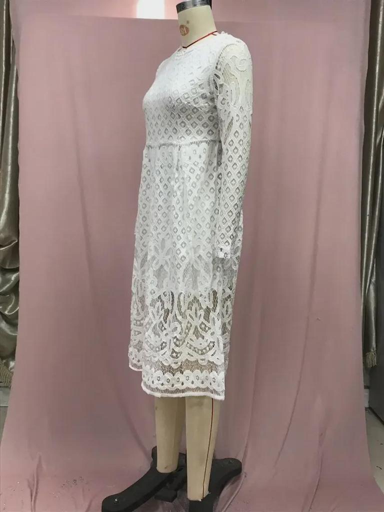 2025 Fall European & American Women's Lace Slim Midi Dress with Hollow Round Neck & Long Sleeves