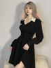 Korean Oversize 4Xl Black Dress Women Elegant LaAe Up Preppy Style Dress Casual Retro Turn Down Collar A Line Mini Dress