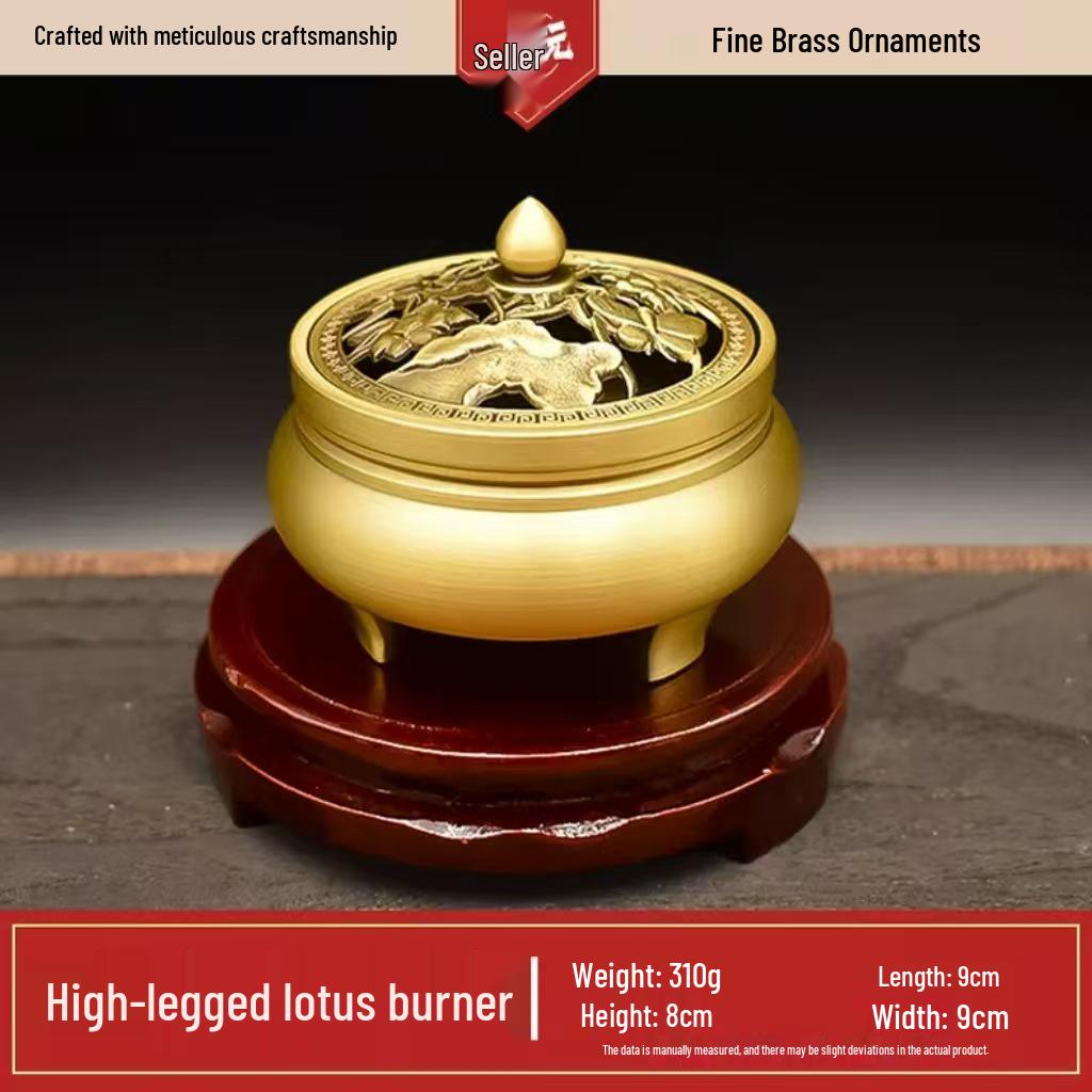 Small Three-Legged Brass Incense Burner with Lid - Hundred Blessings Design Copper Jar Ornament