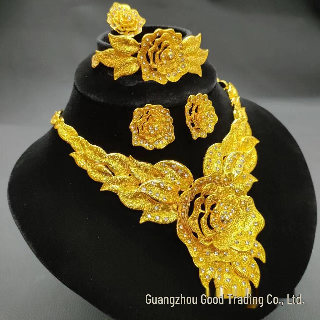 24k Gold Plated Dubai Bridal Jewelry Set: Necklace & Earrings (4-Piece)