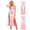 Women‘s Waterproof Glossy Vinyl Sling Nightdress V Neck Spaghetti Strap High Waist Split Hem Sleepwear Clubwear for Rave Festival Party
