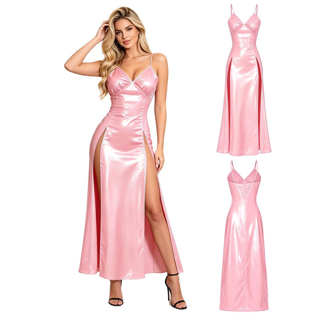 Women‘s Waterproof Glossy Vinyl Sling Nightdress V Neck Spaghetti Strap High Waist Split Hem Sleepwear Clubwear for Rave Festival Party