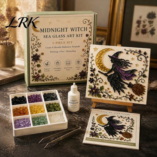 Easy Craft Kit for Beginners Halloween Sea Glass Art DIY Kit, Ghost Black Cat Owl Raven Pumpkin Creative Journey Gift Set Mosaic Set, Beginner
