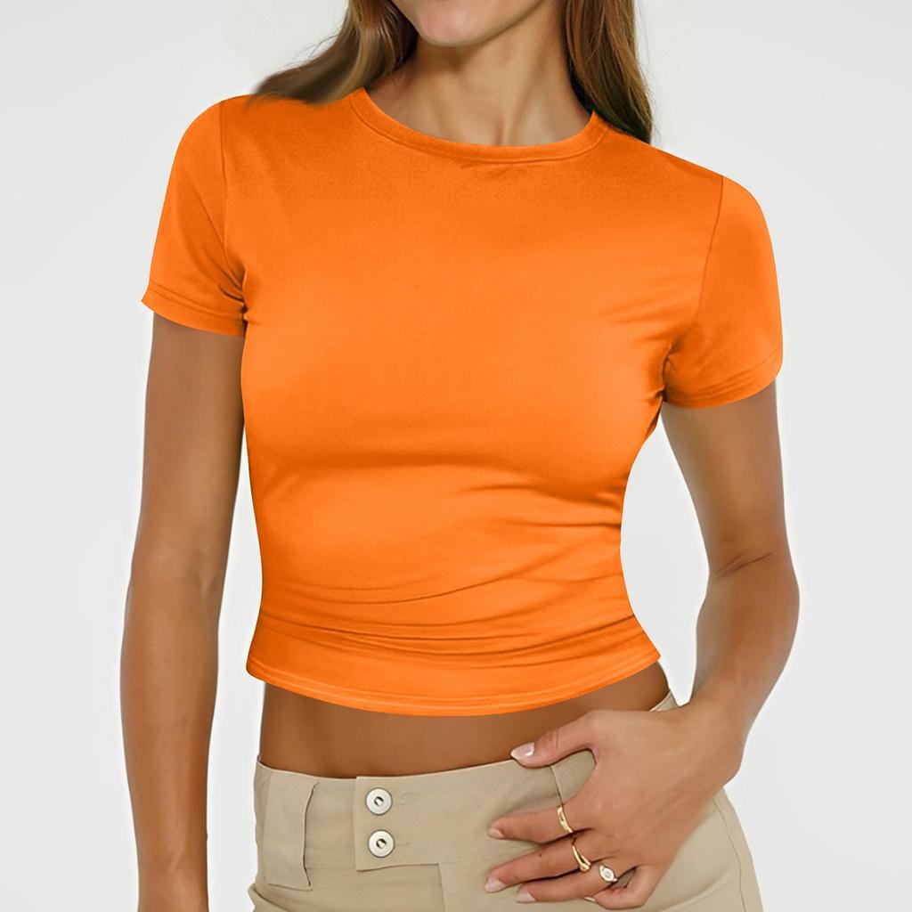 Ladies Summer Fashion Casual Color Round Neck Short Sleeve Slim Ribbed Top