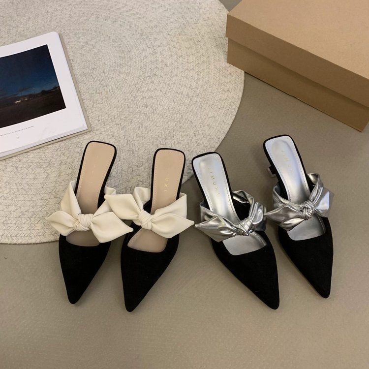 French Xiaoxiangfeng Bag Head Half Slippers Fairy Shoes Wear 2025 New Spring and Summer Bow High Heel Sandals