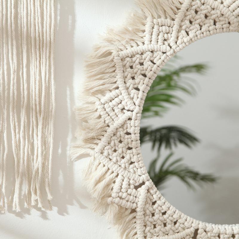 Boho Macrame Woven Round Mirror Large Size Structure Wall Hang Application Bedroom Living Room Basic Home Aesthetic Ornament