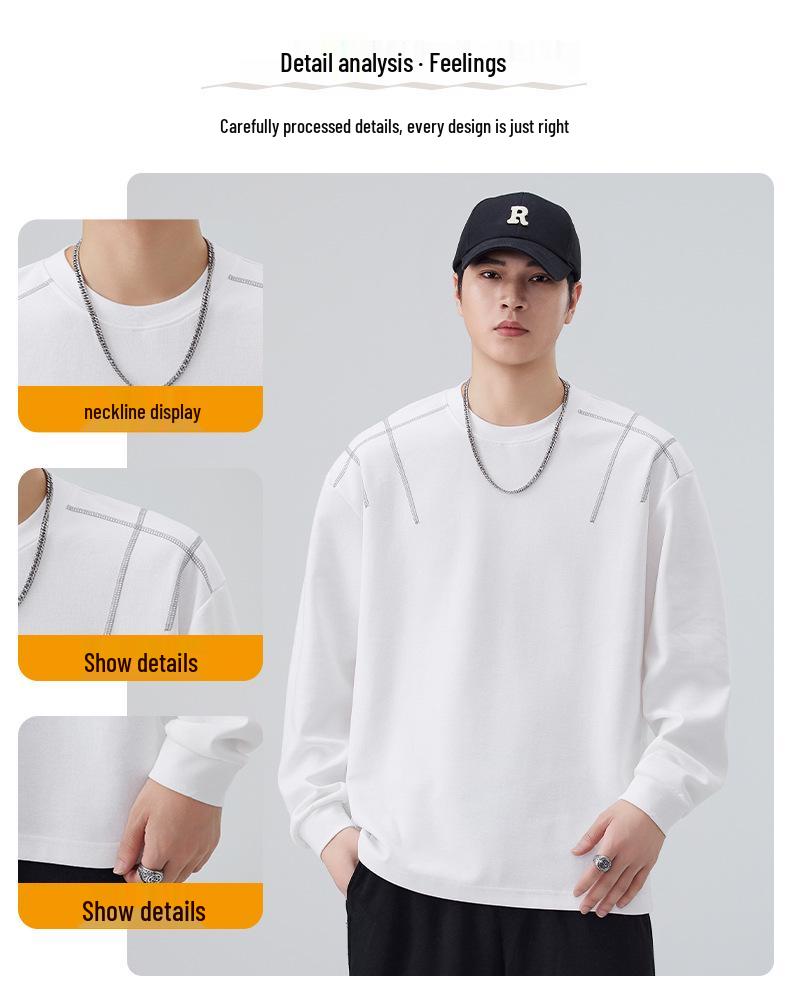 Mu Qiu Menswear | 2026 Spring Trend: Men's Loose Fit Round Neck Long Sleeve T-Shirt with Contrast Stitching