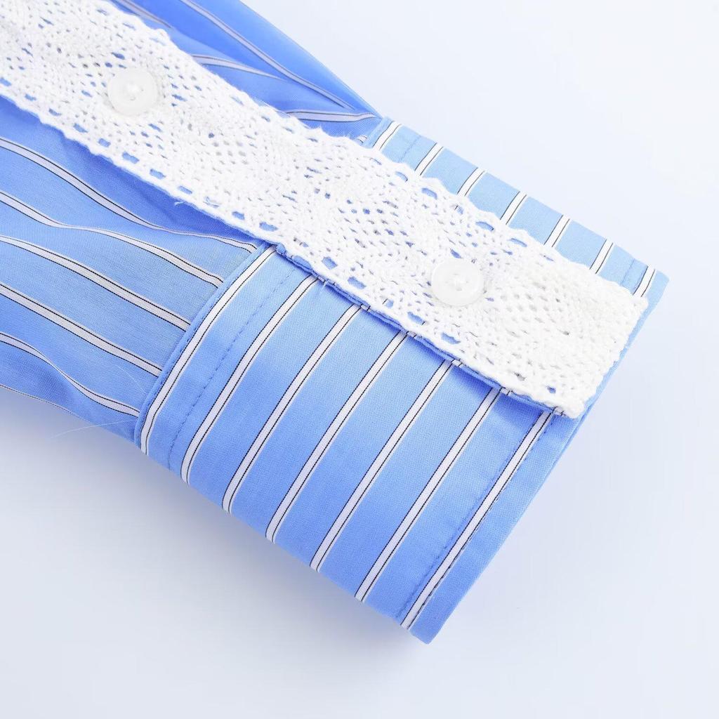 2025 Spring Women's Casual Lace Patchwork Striped Shirt