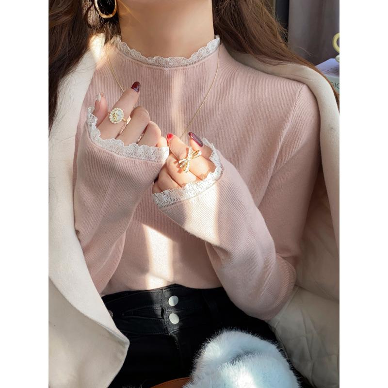 

Французский стиль кружевная вставка полувысокий воротник белый вязаный базовый свитер топ для женской осени и зимы приталенный внутренний свитер One Size розовый