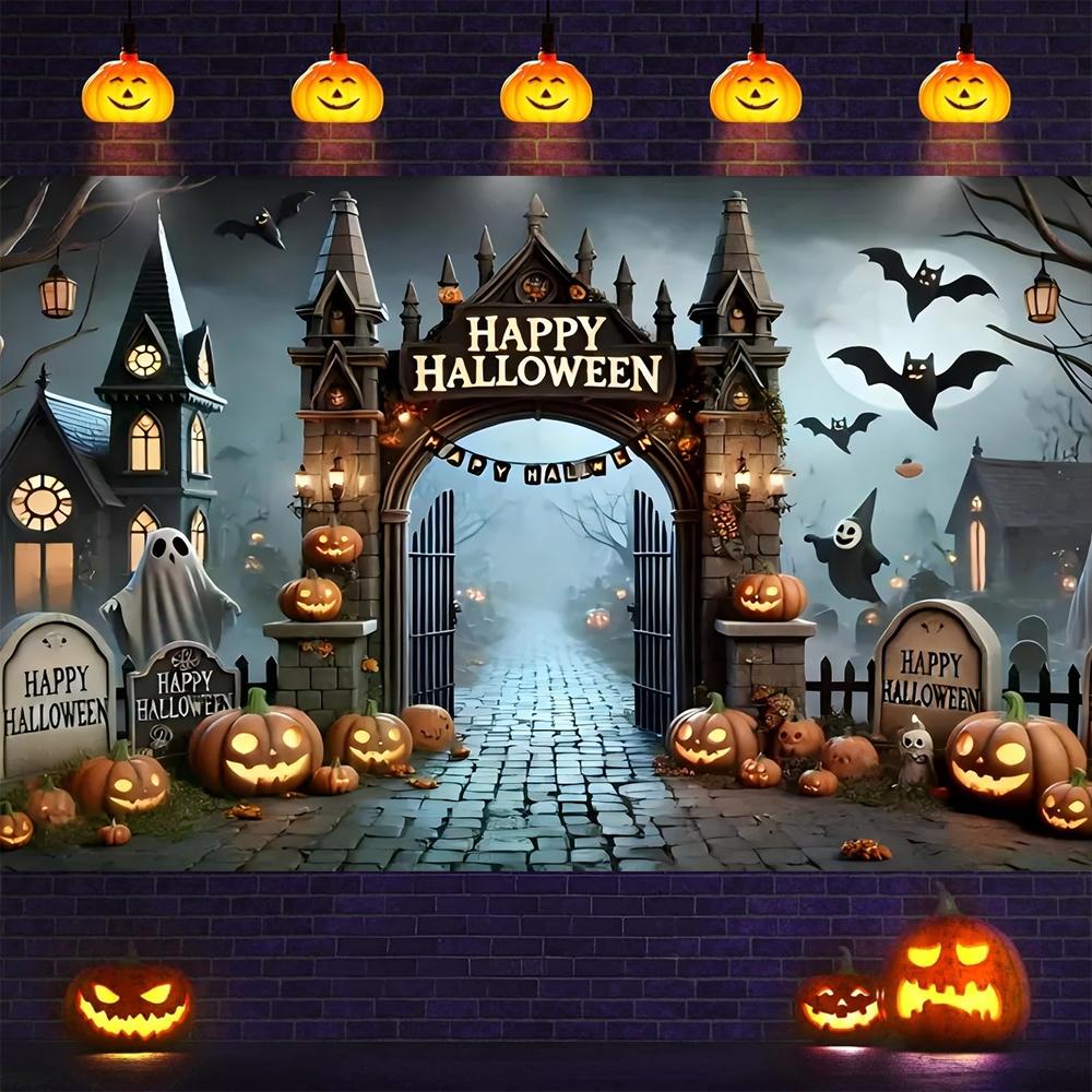 1pc Halloween background banner mysterious Halloween photography background Gothic castle pumpkin lantern and bat - Horror ha 100x150cm