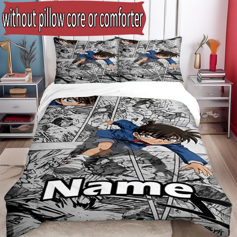 3pcs Duvet Cover Set (1*Duvet Cover + 2*Pillowcase, Without Core), Custom Name Detective Conan Pattern Bedding Set, Home Bedroom Decor Gift