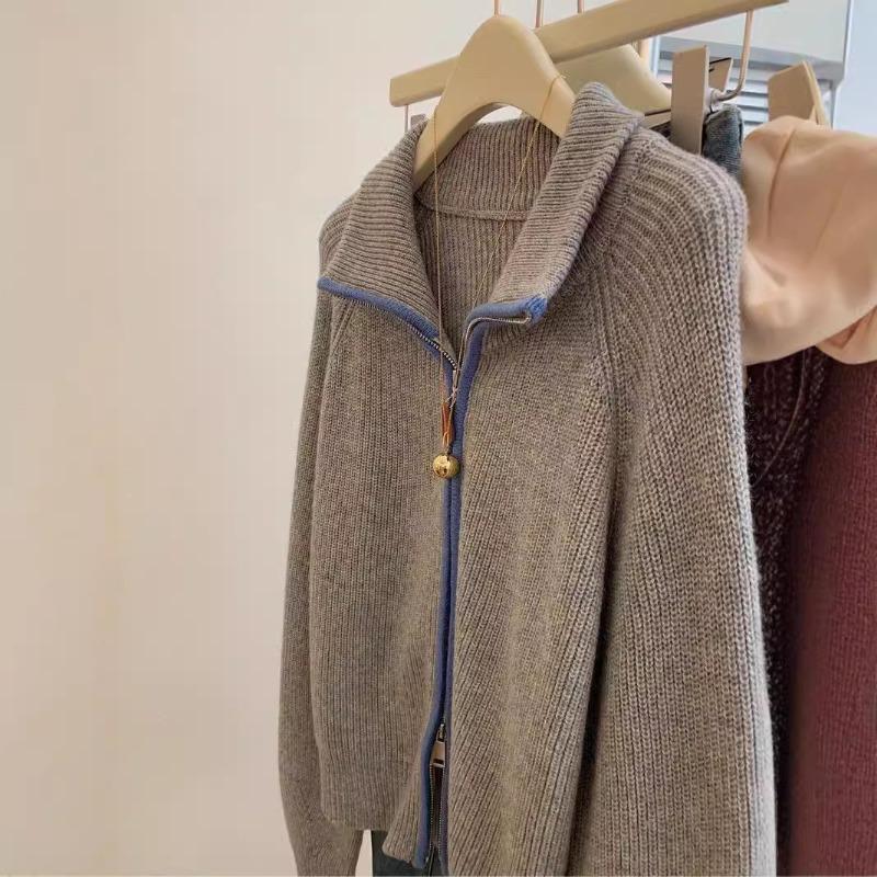 Grey Lapel Zipper Sweater Jacket Women's Autumn and Winter Winter Thickened Lazy Wind Stand-up Neck Knitted Cardigan Top