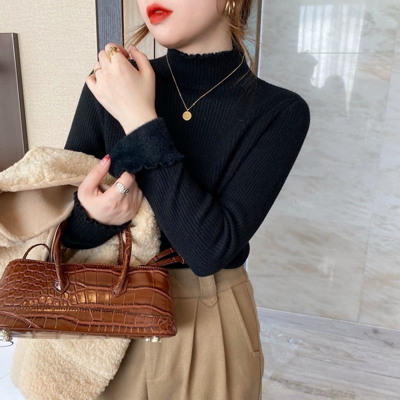 Fleece Thickened Sweater Women's Winter Thickened Bottoming Shirt Integrated Fleece Turtleneck with Wooden Ear Edge and Knitted Top Inside