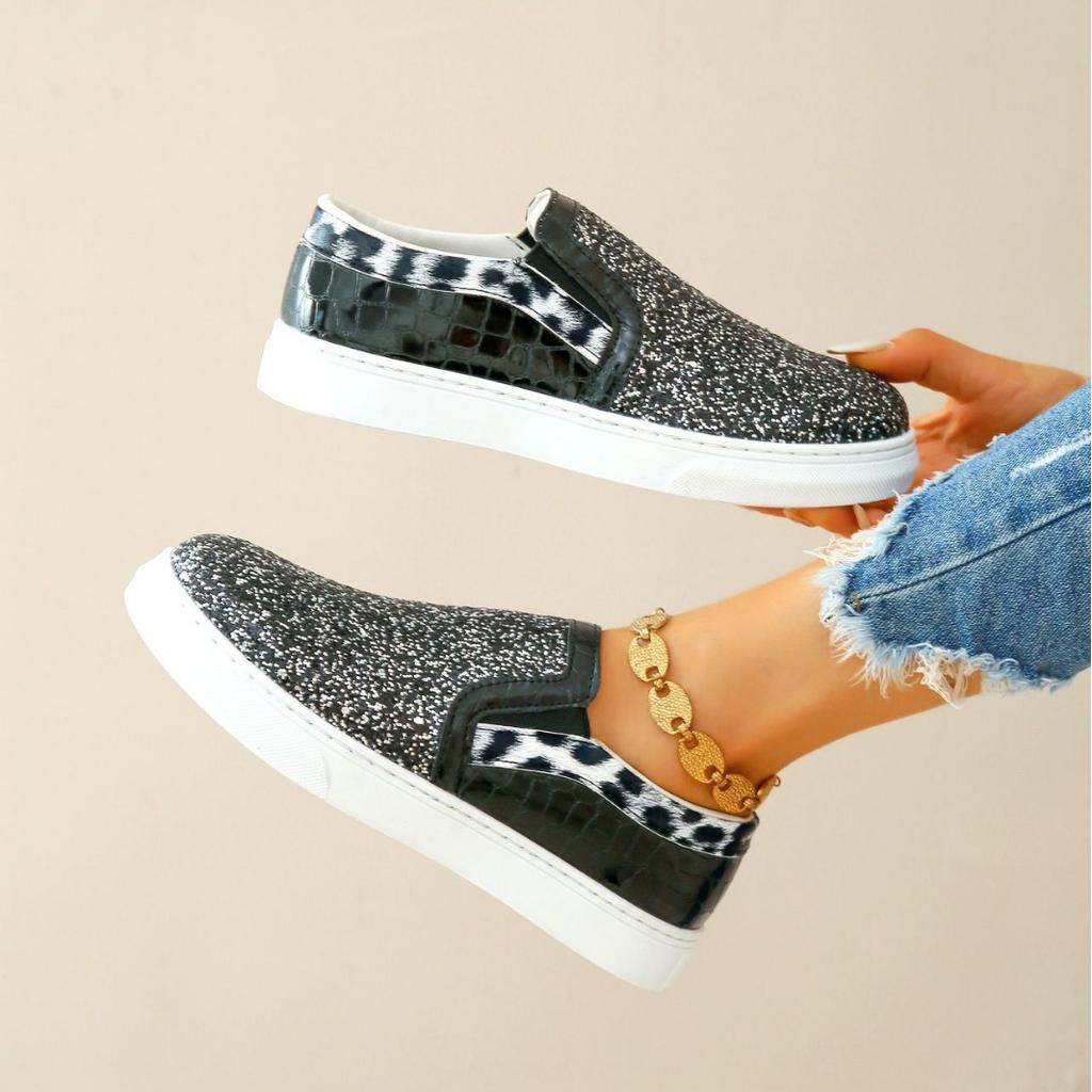 Sequin Decor Glitter Round Toe Canvas Sneakers Women Shallow Platform Casual Sparkling Casual Shoes