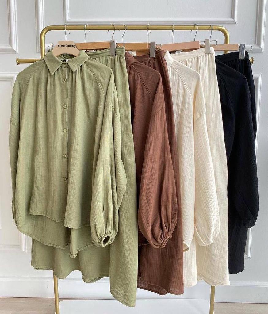 In-Stock Summer Fashion: Women's Crinkled Puff Sleeve Long Sleeve Muslim Apparel Skirt Set