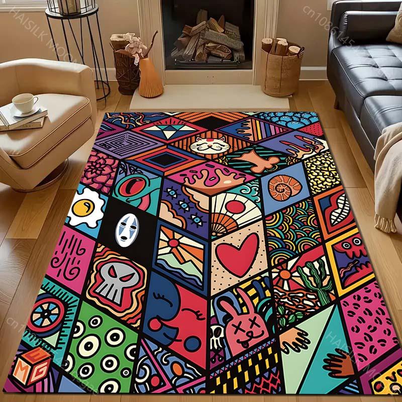 Japanese Comics Grid Print Carpet for Living Room Bedroom Bedside Sofa Floor Mat Modern Home Decor Large Size for Gifts