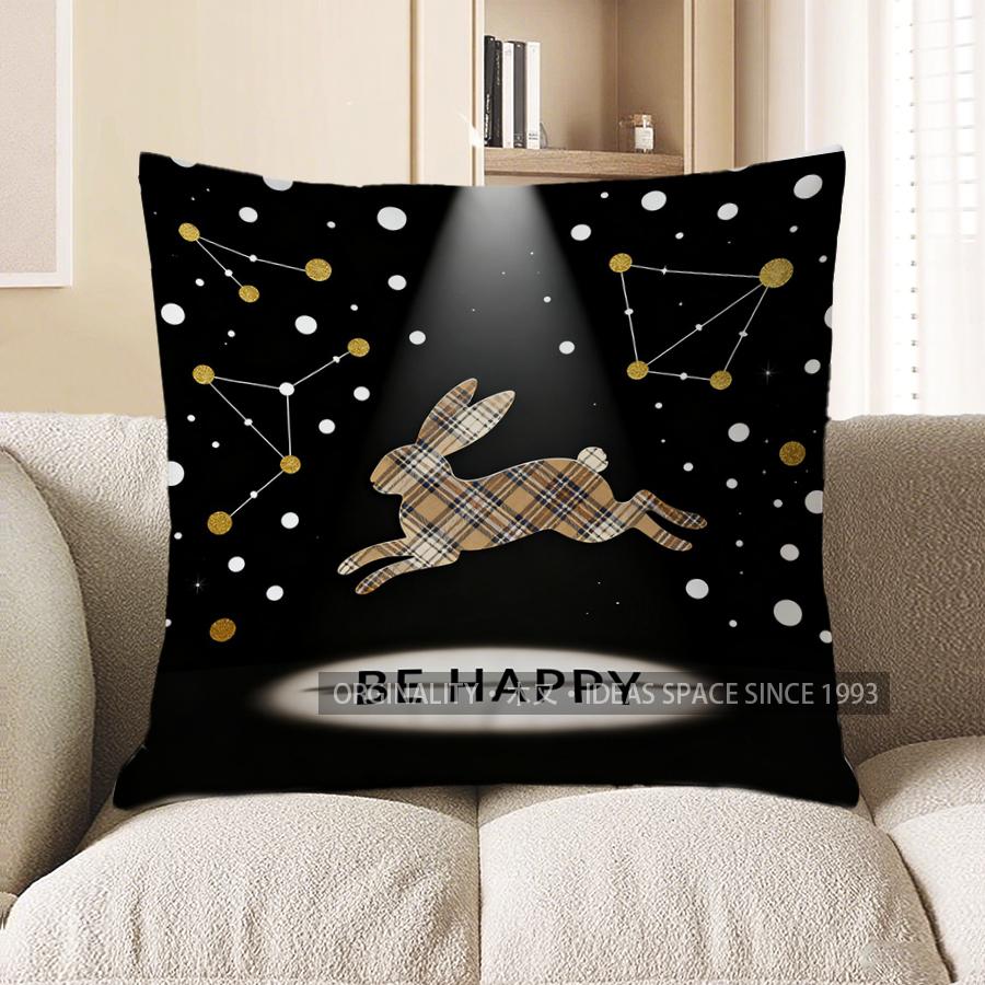 2D Rabbit With Constellations And Be Happy Pattern Cushion Cover Suitable For Sofa Bedroom Car Pillow Cover