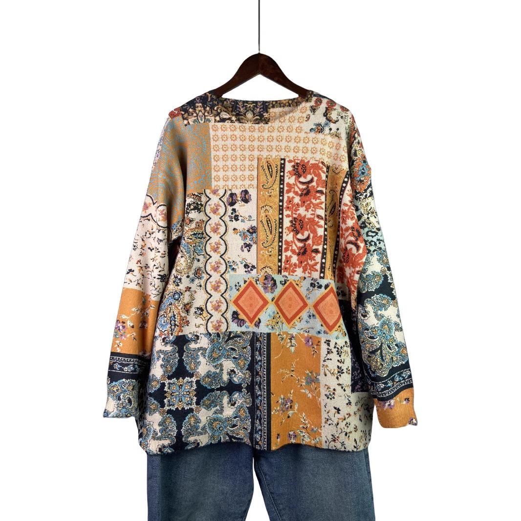 Fat MM autumn and winter TEMU ethnic style sweater SHEIN large size women s clothing 3D three-dimensional printing 0XL