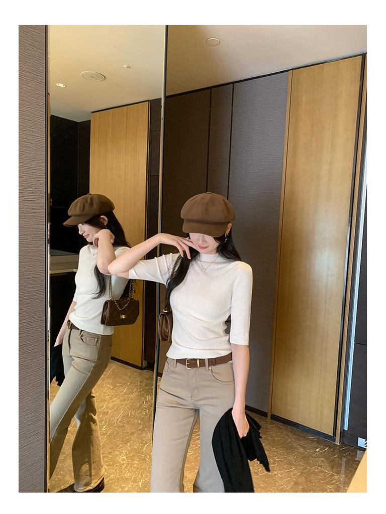 Korean Chic Elegant Half-High Neck Slim Fit Mid-Sleeve Knit Top for Women - 2026 New Arrival