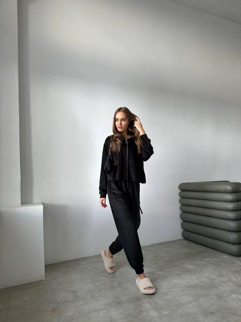 Europejski i Amerykański Jesienny Zestaw Dwuczęściowy z Aksamitu Zapinany na Zamek: Bluzka z długim rękawem, elastyczną talią i spodnie z mankietami z kieszeniami dla kobiet