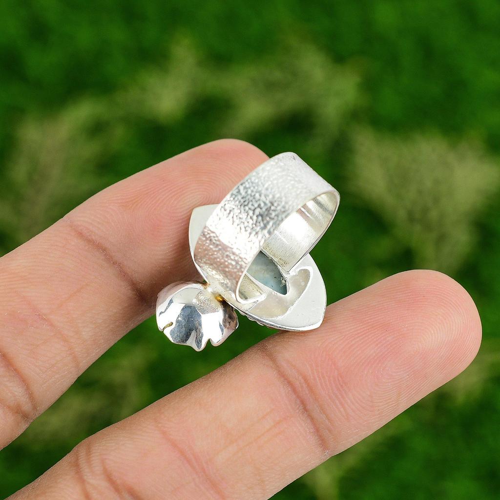 Natural Larimar Gemstone Promise Flower Ring Size 8 925 Silver For Women