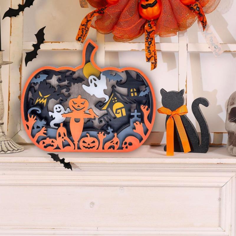 Halloween mehrschichtiger Simulationskürbis aus Holz mit Spukhaus-, Geister- und Vogelscheuchen-Ornamenten Tischdekoration