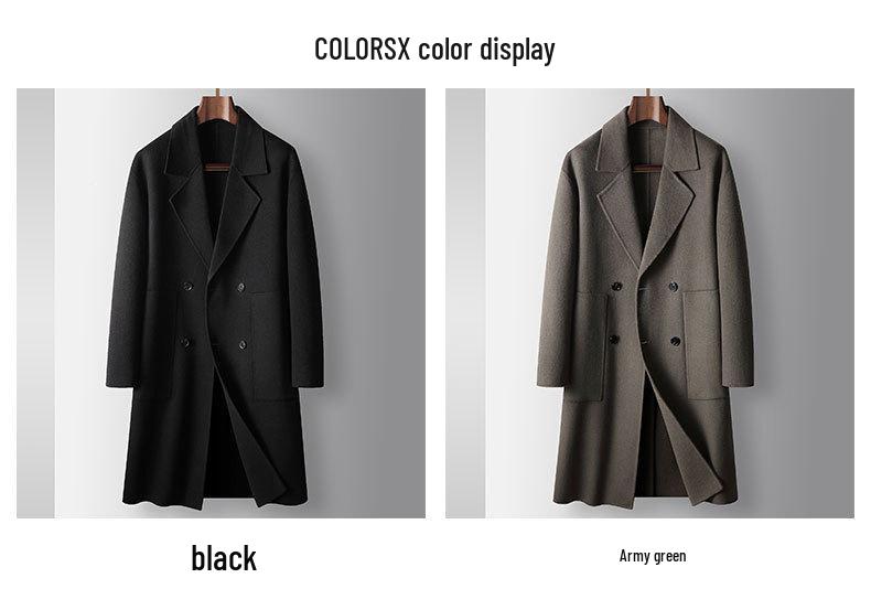 Men's Double-Breasted Drop Shoulder Wool Trench Coat - Wide Fit, 100% Wool, Autumn/Winter Casual Jacket