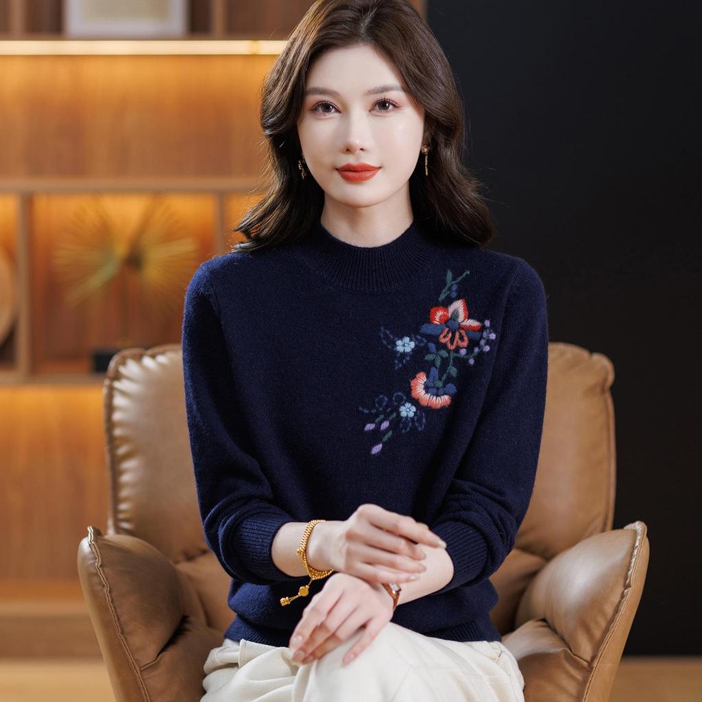 High-Grade Wool Sweater: Semi-High Collar, Fashionable Embroidery, Thick Knit for Middle-Aged/Elderly Women, Winter Warmth.