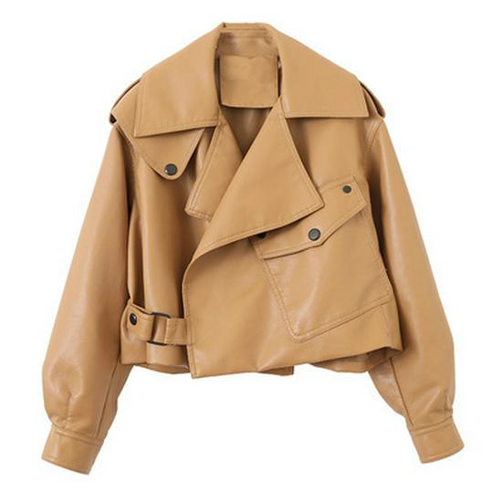 2025 Spring Korean Style Loose Fit Women's Leather Jacket with Long Sleeves