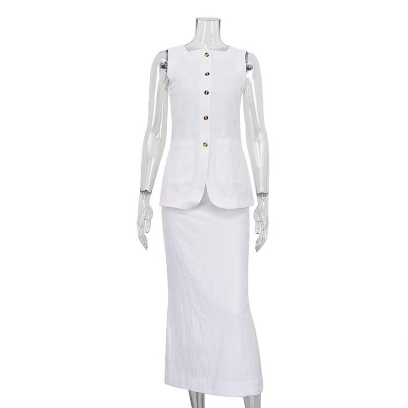 

Fashion Summer Fashion round Neck Tops Skirt Suit round Neck Neck Top Half Skirt Set White S