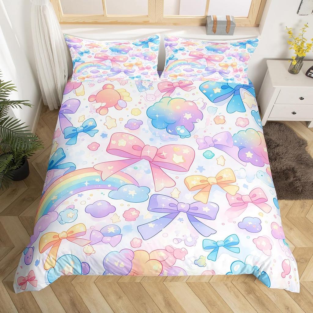 Simple Bow Knot Duvet Cover Twin SizeCartoon Kawaii Bedding SetCute Bows Ribbon Printed Comforter Cover for Girl Women Bedroom