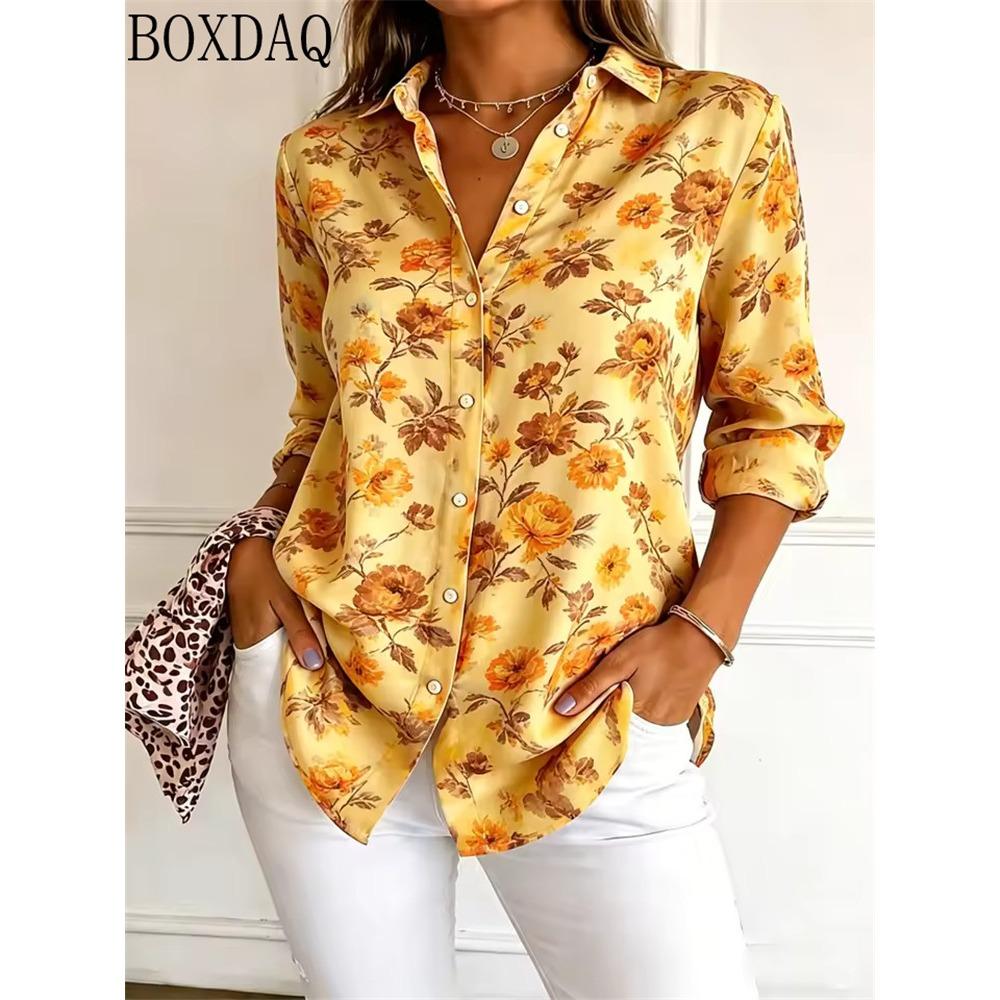 Vintage Flowers Pattern 3D Print Women Long Sleeve Shirts Autumn Women's Casual Daily Loose Button Holiday Shirt Women's Blouses