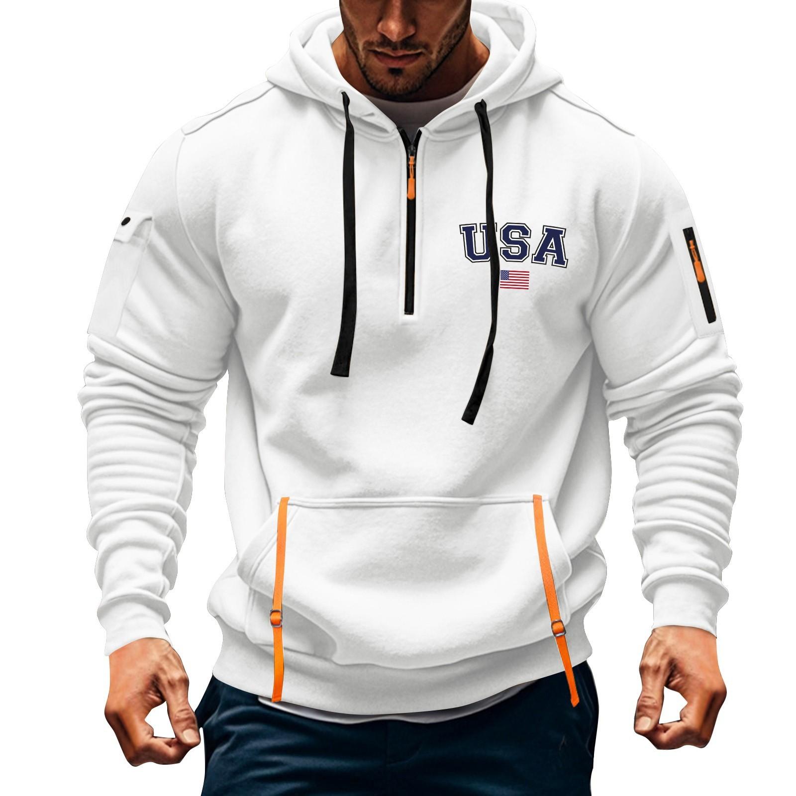 

Мужская толстовка с капюшоном с принтом, кардиган на молнии с карманом на рукаве, мужская спортивная повседневная толстовка большого размера XL белый