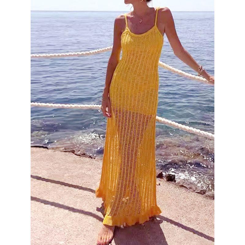 Sexy Solid Color Halter Dress Sexy Backless Slim-Fit Dress Yellow S