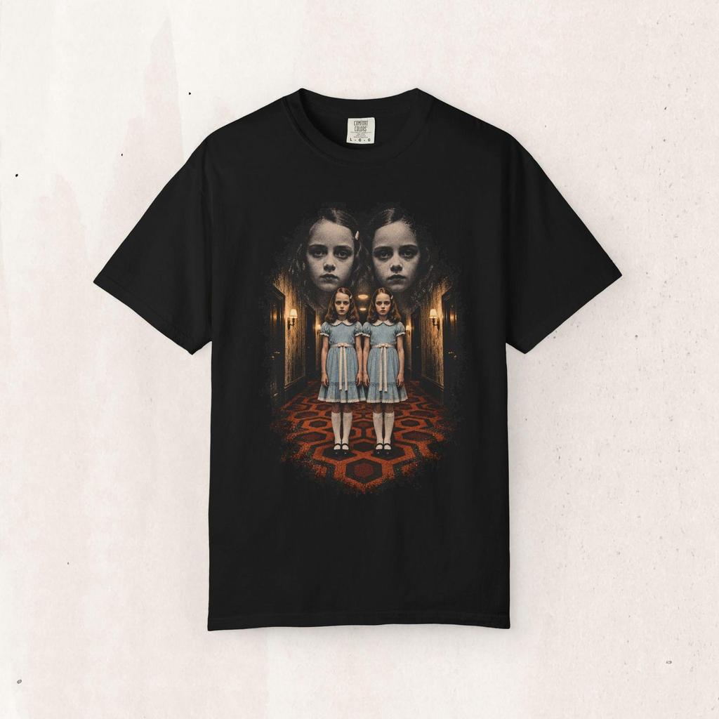 Horror Tee, The Shining Twins Retro Hotel Art | Vintage Garment-Dyed Spooky T-shirt | Paranormal Cult Top