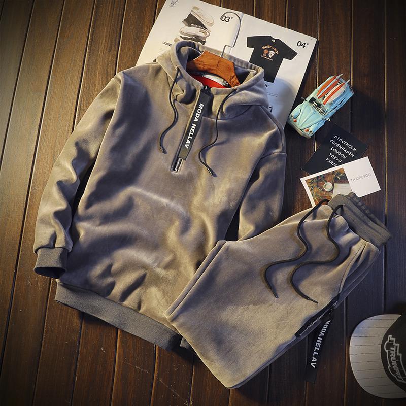 

Зима Осень Мужские толстовки с брюками бархатный костюм Золотой бархатный комплект из двух частей спортивный костюм M серый