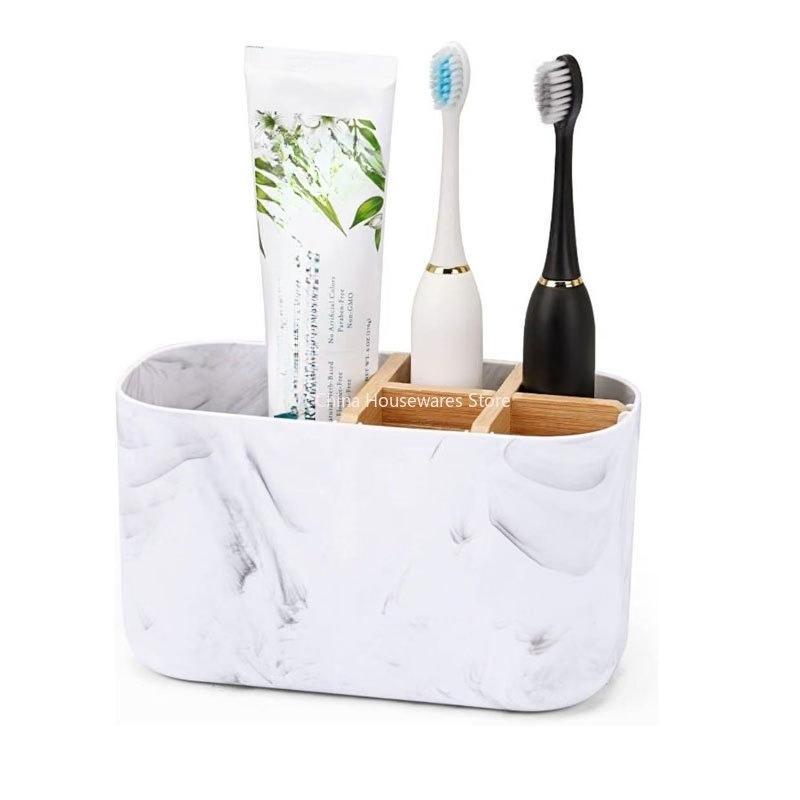 Bamboo Toothbrush Holder for Electric Toothbrushes - 5 Slot Bathroom Counter Organizer with Toothpaste Compartment
